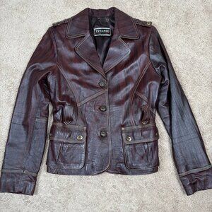 Y2K Leather Jacket Womens L Brown Contrast Stitch Blazer Friends Phoebe Turkey
